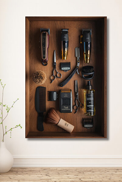 ERUMAR HOME Berber Aletleri Erkek Kuaför Dekoratif Duvar Tablo İşyeri Mdf