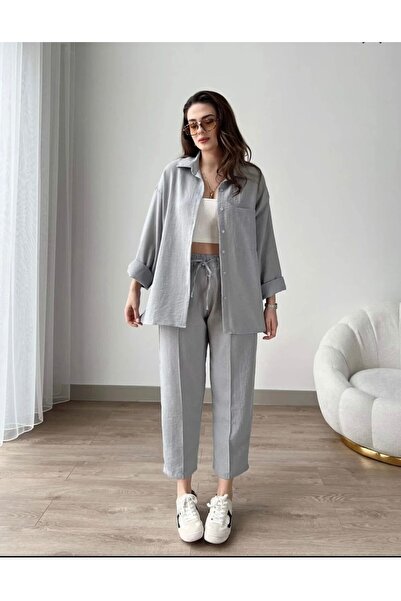 hiraz fashion KADIN GRİ İKİLİ KETEN TAKIM