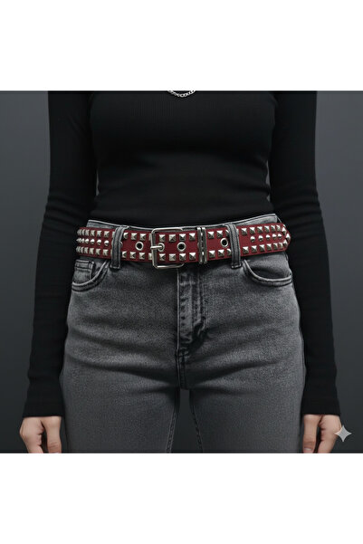 çelik belt vintega Red Belt with Pyramid Studs