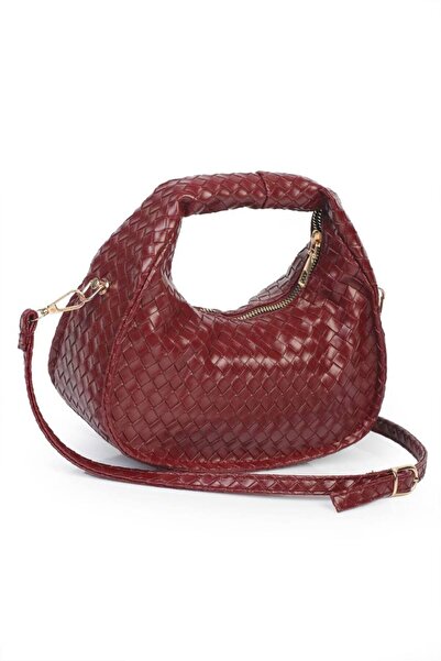 chocolatebag Women's Mini Knitted Detailed Strap Crossbody Bag Marina Burgundy