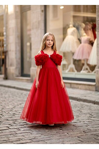miaras baby Red Special Design Flower Detailed Girl's Evening Dress