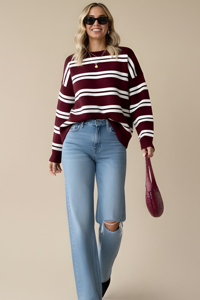 PALUZE Women's Crew Neck Striped Brown Knitwear Sweater