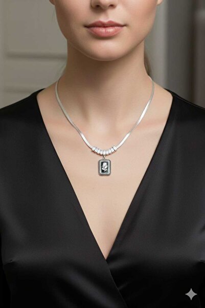 stainless steell Silver Color Women's Steel Necklace with Baguette Stone and ...