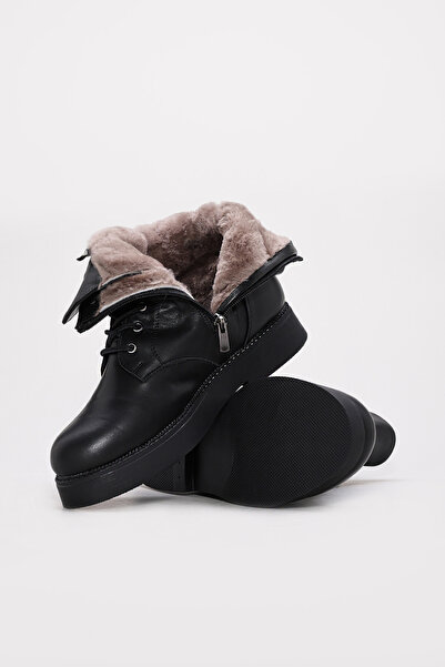 TUGERDİ Siyah İçi Kürklü Hakiki Deri Bağcıklı Fermuarlı Kauçuk Taban Kaliteli...