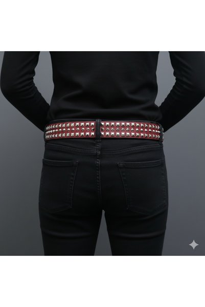 çelik belt vintega Red Belt with Pyramid Studs