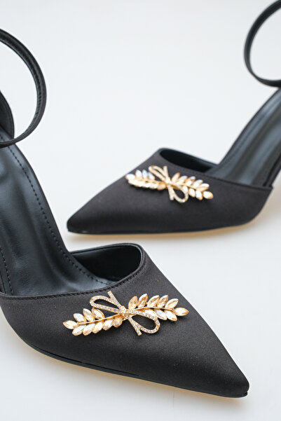 FOLLOWIN Women's Black Satin Pointed Toe Stone Detailed Ankle Strap Special O...