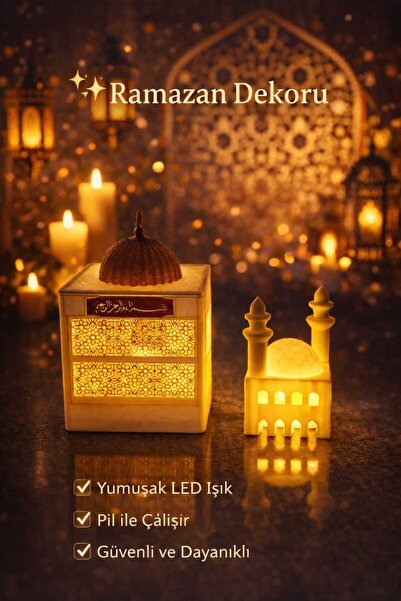 ASYDESIGN Tealight Cami Seti 2'li Ramazan Dekoru Pilli Ledli