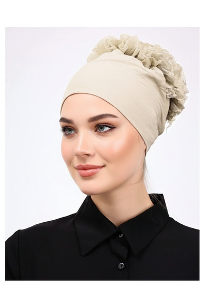 Alivascarf Fırfırlı Krem Dikişsiz Penye Bone Kadın Tesettür Bağlamalı Iç Bone...