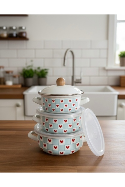 EmayeBurada Enameled Heart Patterned Pişir Sakla Cookware Set 9 Pieces