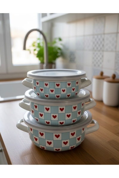 EmayeBurada Enameled Heart Patterned Pişir Sakla Cookware Set 9 Pieces