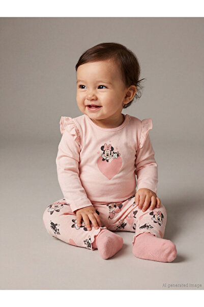 LC Waikiki Pembe Bisiklet Yaka Minnie Mouse Baskılı Kız Bebek Çıtçıtlı Body V...
