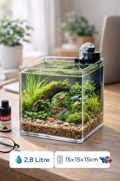 Melkan Home Kristal Şeffaf Nano Akvaryum Küpü 2,8 Litre – 15x15x15 cm Mini Betta ve Karides Akvaryumu