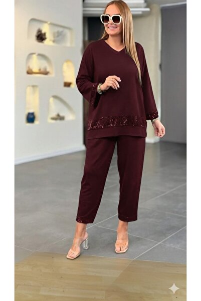 Fibula V yaka olşov kumaş pulpayetli pantolon bluz takım