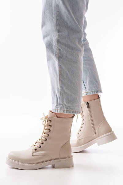Vexor Özssa 02-356 Beige Flat Heeled Lace-Up Zippered Daily Women's Boots
