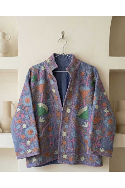 Yoncha Kadın Ceket Nakış Detaylı Dokuma %100 Pamuklu