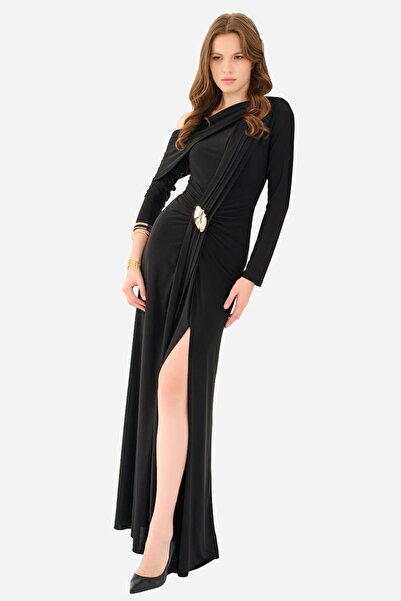 QUİZAS Off-Shoulder, Pleated Detail, Accessory, Long Dress