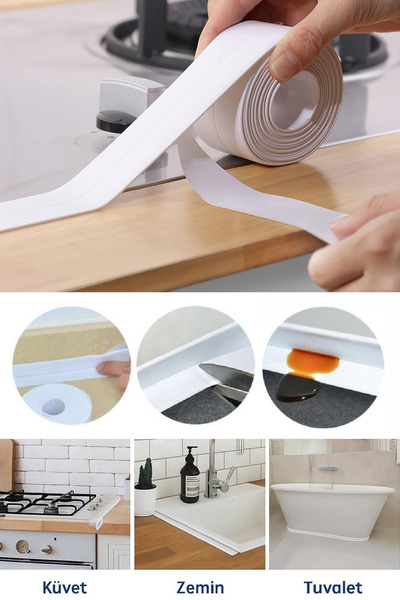 Beyaz Su Sızdırmaz Lavabo Kenar Bandı 3,2 Metre Kendinden Yapışkanlı Su Geçirmez İzolasyon Bandı