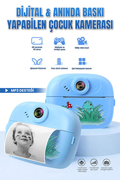 Omaze Baskı Özellikli Dijital Fotoğraf Makinesi Mavi Termal Yazıcı Çocuk Kame...