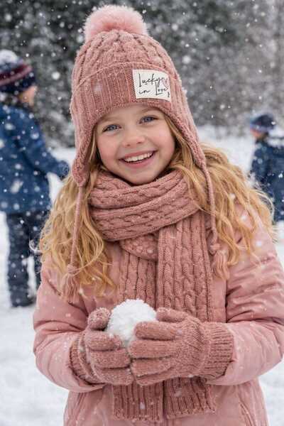 Recos طقم قفازات وقبعة وشاح للفتيات مبطن بالصوف من الداخل