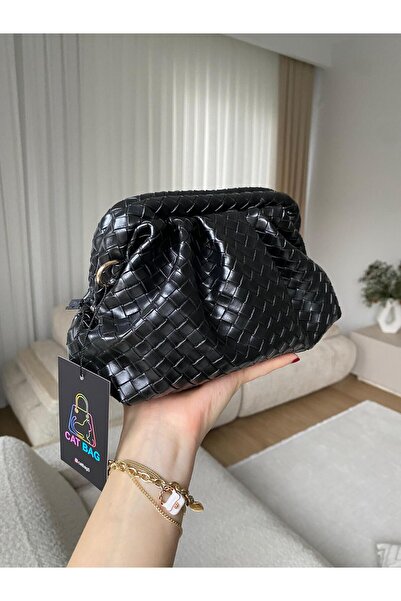 ÇANTA Cat Bag Örgü Detaylı Kahverengi Clutch El ve Omuz