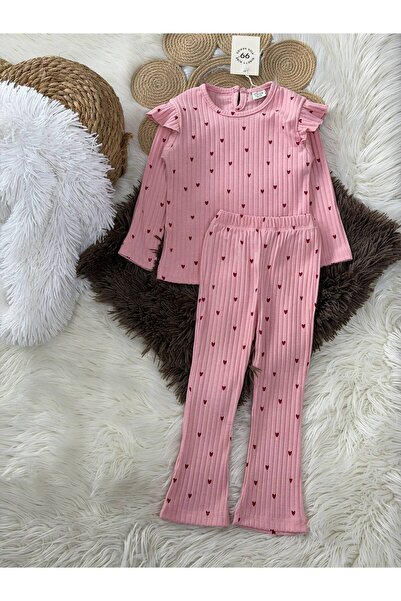 Butik Pink Corded Fabric Heart Detailed Girl's Suit