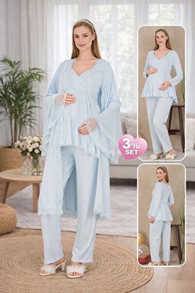 Lady Lace Detailed Maternity & Pregnancy Pajama Set 3-Piece Set – Robe Blouse...