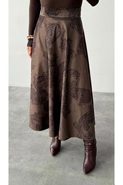 Işıl yaşar boutique Kahverengi Şal Desenli Yüksek Bel Midi Etek