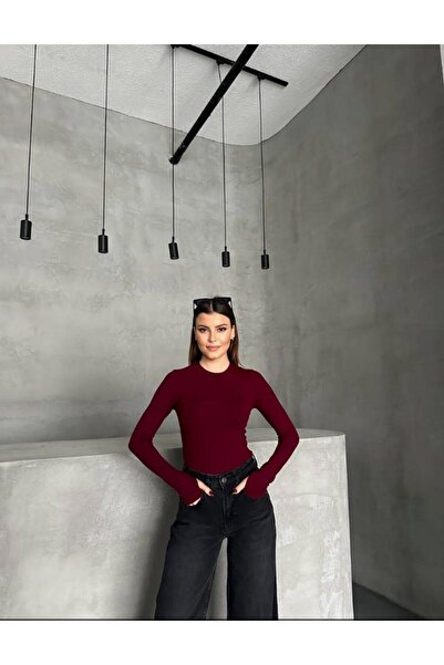 ThreeLife Store Threelife, Crew Neck, Burgundy, Women's Bodysuit, Finger Deta...