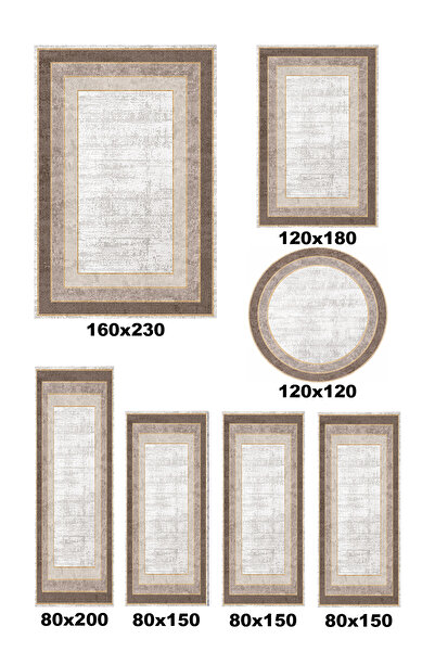 AOKİ Modern Framed Pattern 7-Piece Carpet Set Beige Brown Round Machine Washa...