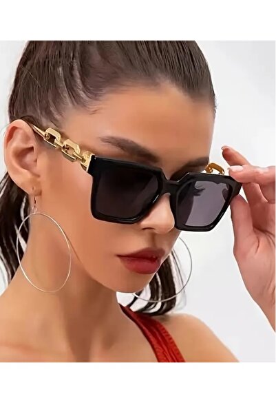 BirYıldızOl Square Oversized Vintage Women's Sunglasses with Metal Accessories
