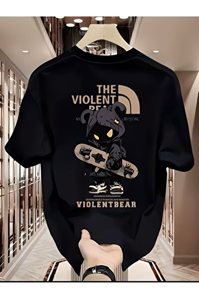 LELVANİ Violent Crystal Patterned Line Bear and Skulls Printed Graphic T-Shirt
