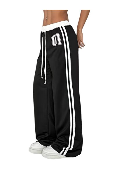 Karatopak 01 Baskılı Beyaz Kemerli Çift Şeritli Yüksek Bel Kadın Bol Paça Eşo...