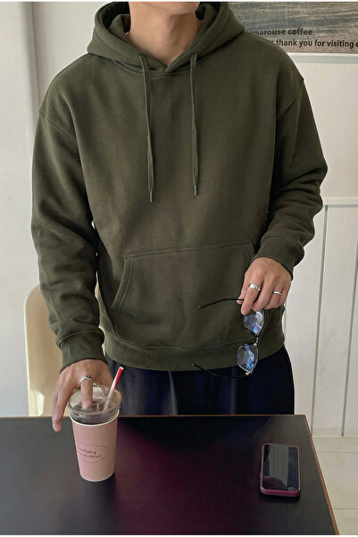 MADZEYMODA Men's 3 Thread Sh Fleece-Lined K Hooded Khaki Kangaroo Sweatshirt ...