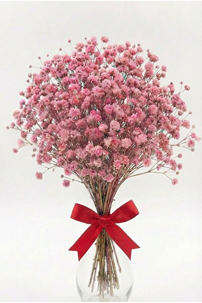 FLEX COMPANY 💗 Pembe Cipso Çiçek – Kırmızı Kurdeleli Cam Vazoda Zarif Aranjm...