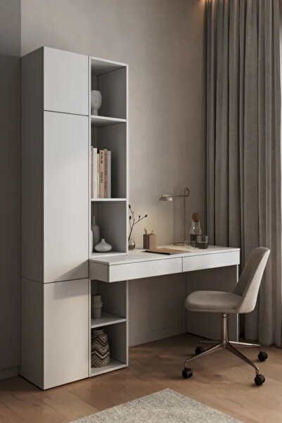 BAGAX WHITE Modern Çalışma Masası ve Kitaplık Takımı – Çok Raflı, Çekmeceli, ...