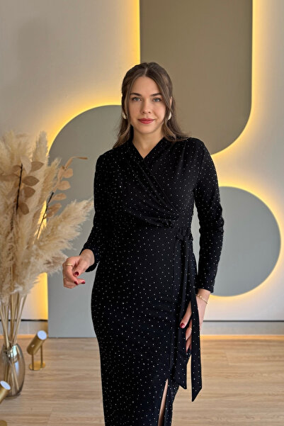 Aventien Shoulder Pad Piece Tied Black Midi Dress with Slit Stones