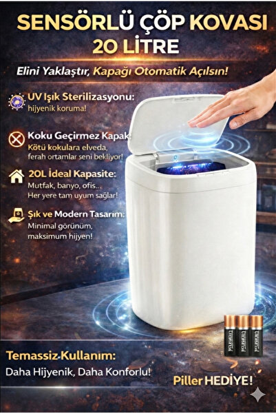 Depozee Akıllı Sensörlü UV Işıklı 20 Litre Çöp Kovası - Mutfak, Banyo, İşyeri...