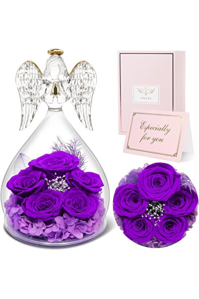 Krasunia Kozmetik Angel with 5 eternal roses under the glass dome, gift for g...