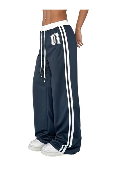 Karatopak 01 Baskılı Beyaz Kemerli Çift Şeritli Yüksek Bel Kadın Bol Paça Eşo...