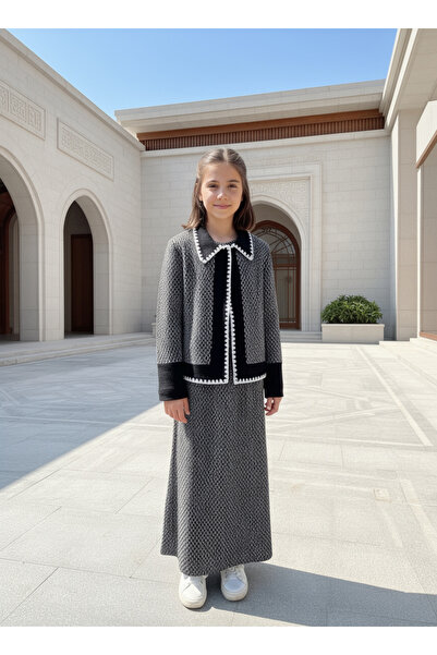 STYLENEST Girls' Coat and Dress Set Black and White Jacquard Long Sleeve Styl...