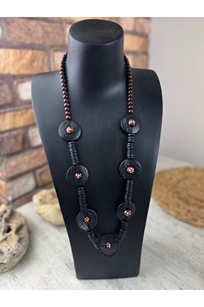 SEDEF TAKI Ahşap halkalı benekli uzun Vintage kolye