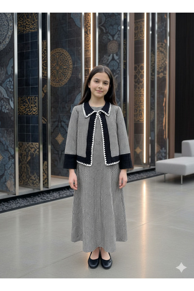 STYLENEST Girls' Coat and Dress Set Black and White Jacquard Long Sleeve Styl...