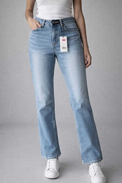 ince moda giyim Açık Mavi Yüksek Bel Straight Fit Kadın Jean Pantolon
