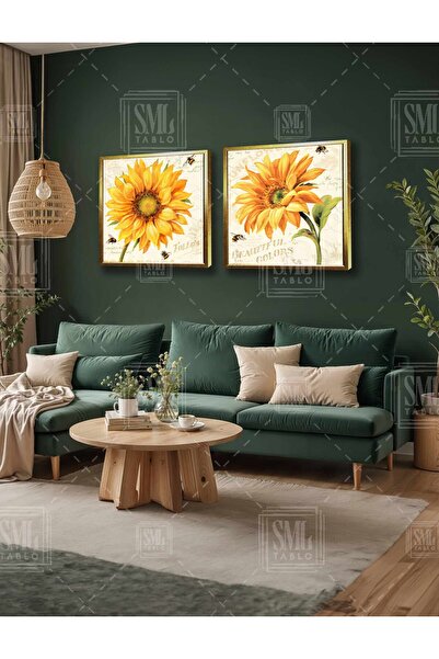 SML TABLO Sunflower Günebakan Large Yellow Flower Vintage Decor Double Square...