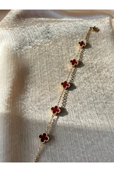 BİLEKLİK1 Viral Yonca Şans Bilekliği | Bordo Mineli Gold Zincir Yonca Bilekli...