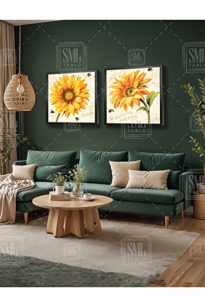 SML TABLO Sunflower Günebakan Large Yellow Flower Vintage Decor Double Square...