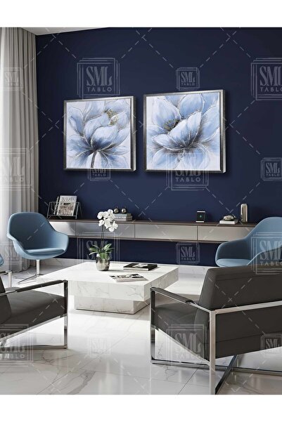 SML TABLO Large Blue Flower and Gold Glitters Luxury Modern Decor Double Squa...