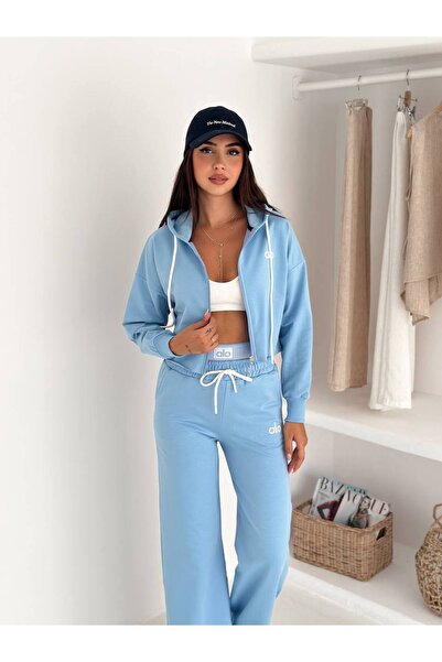 ola yoga Accolade Two-Piece Blue Tracksuit Set with Zip-Up Hood and Wide Leg S.