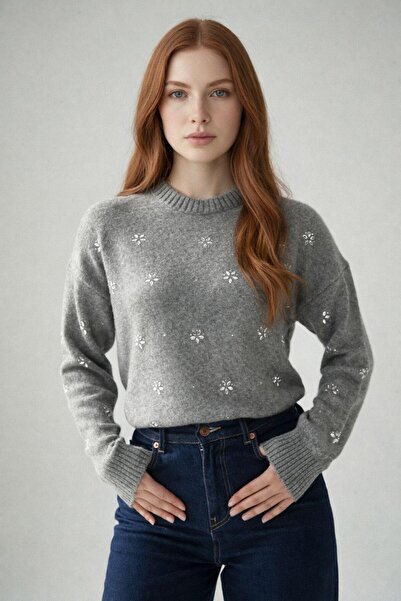 CADDELAMODA Flower Stone Detailed Brand Equivalent Knitwear Sweater