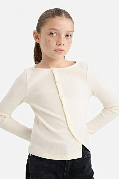 DeFacto Girls' Crew Neck Button Long Sleeve T-Shirt G6891A826Sp